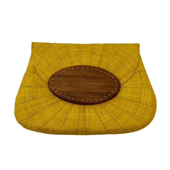 NWOT Anthropologie Mar Y Sol Straw Clutch Purse Yellow w/ Gold Thread +Wood - Picture 9 of 9